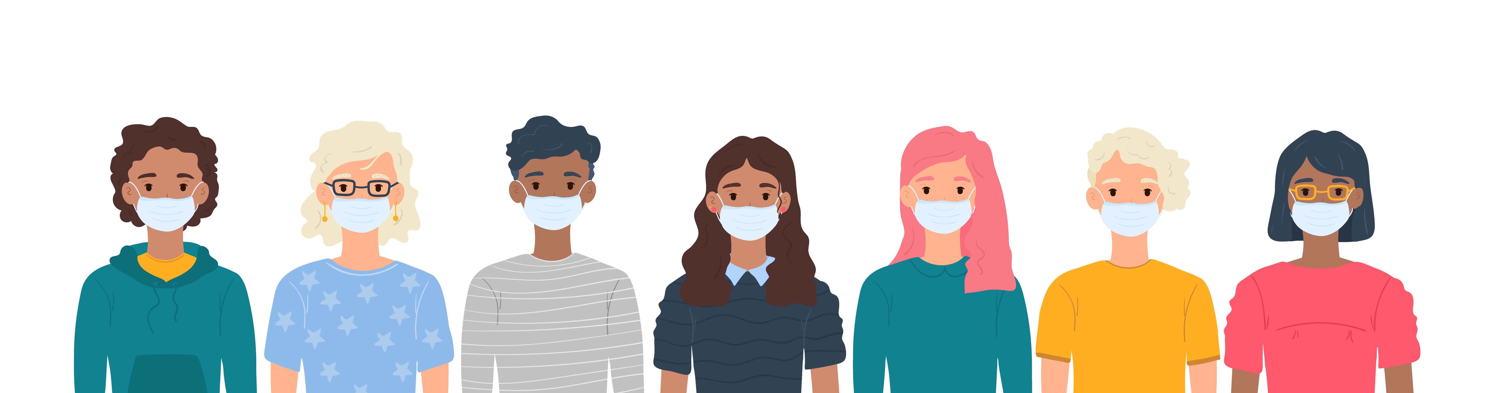 A cartoon of a group of diverse people with medical face masks