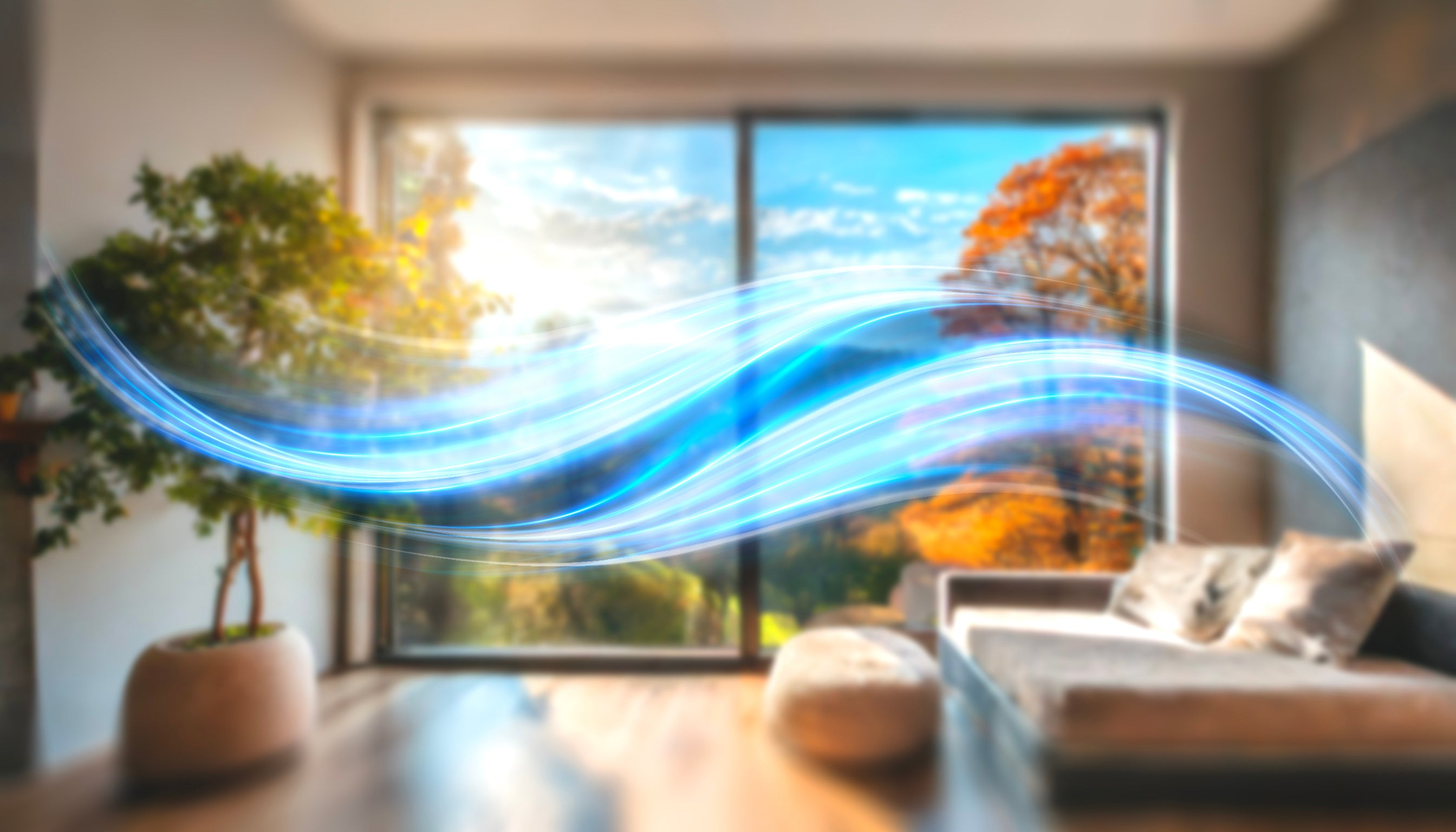 Living room with a large window showing trees and blue light effect