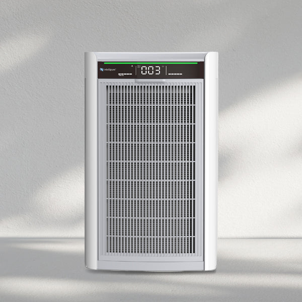 Air purifier with digital display on a gray background