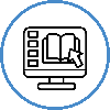 A digital icon depicting a computer monitor with an open book and a hand pointing at the screen, enclosed in a circular blue border.