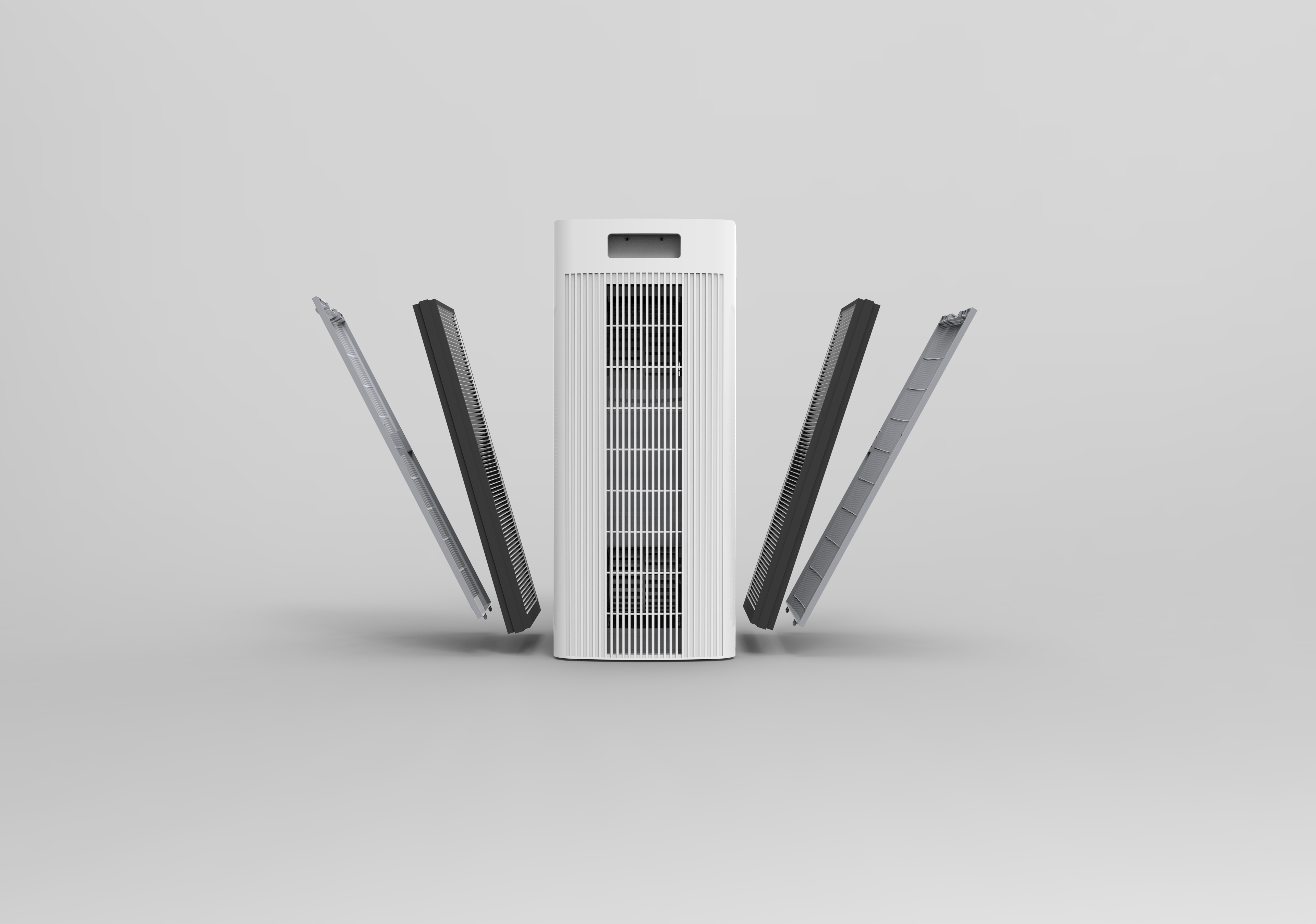 An expanded view of the h1000 air purifier showing the doors, filters, and main unit.