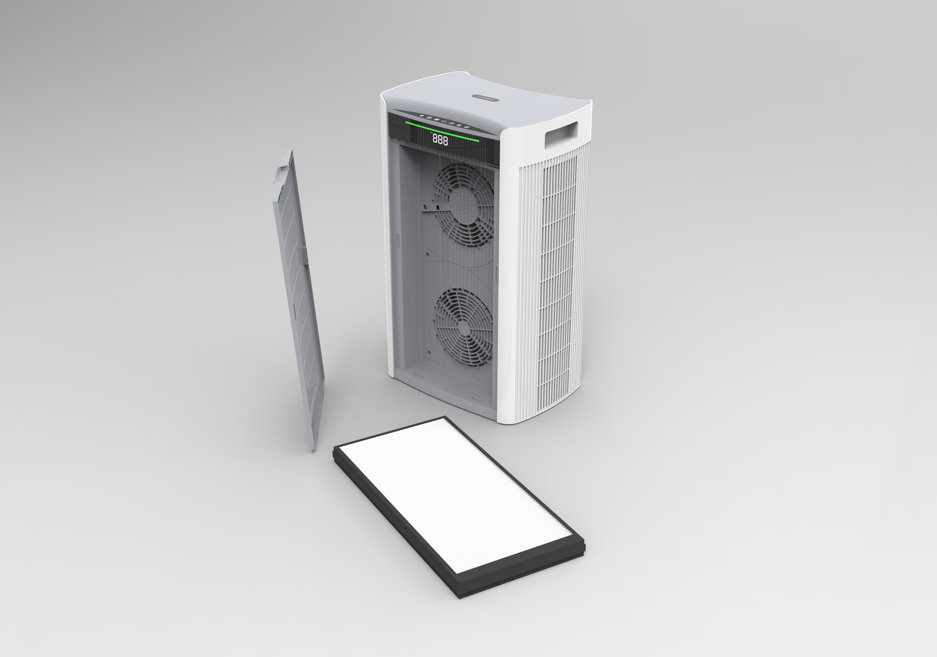 H1000 air purifier with the door off, showing the inside of the unit and with the filter on the ground next to it.