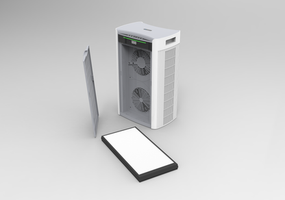 H1000 air purifier with the door off, showing the inside of the unit and with the filter on the ground next to it.