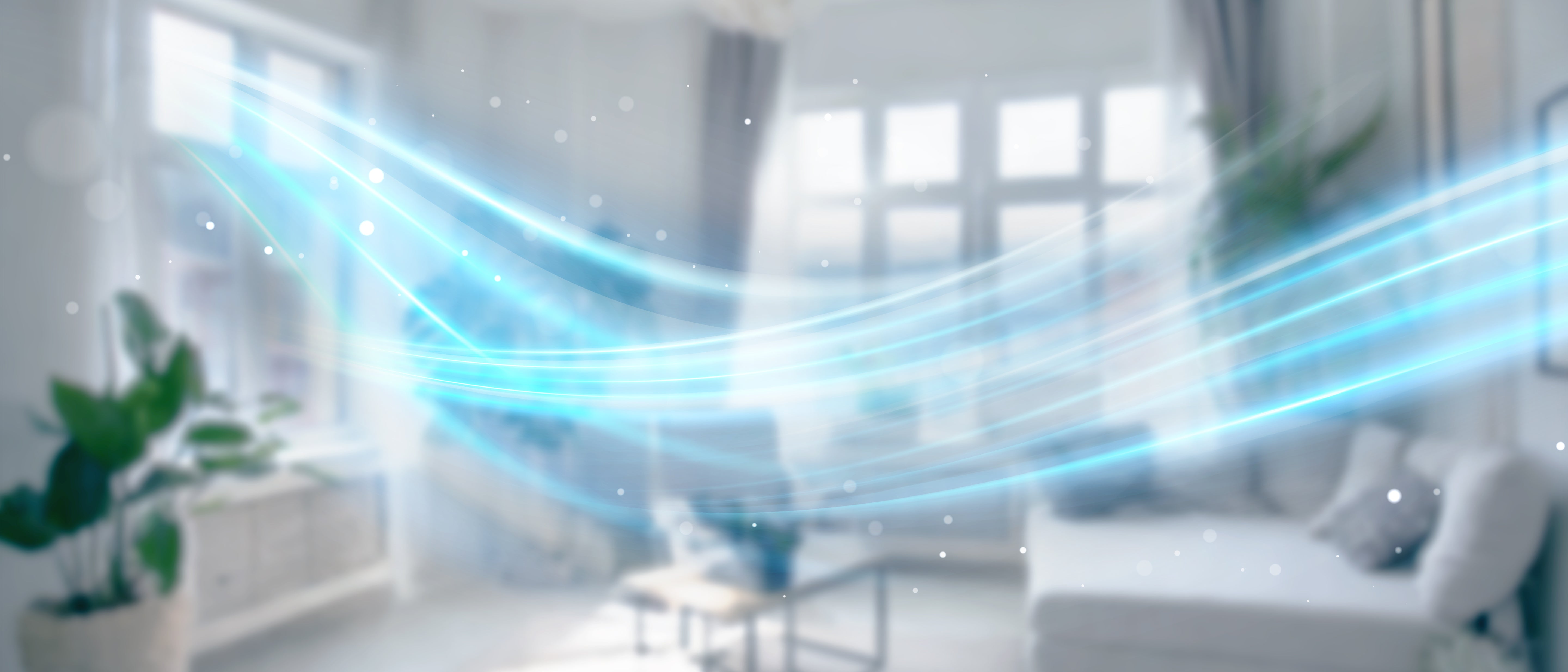 Modern living room with white furniture and blue light effects