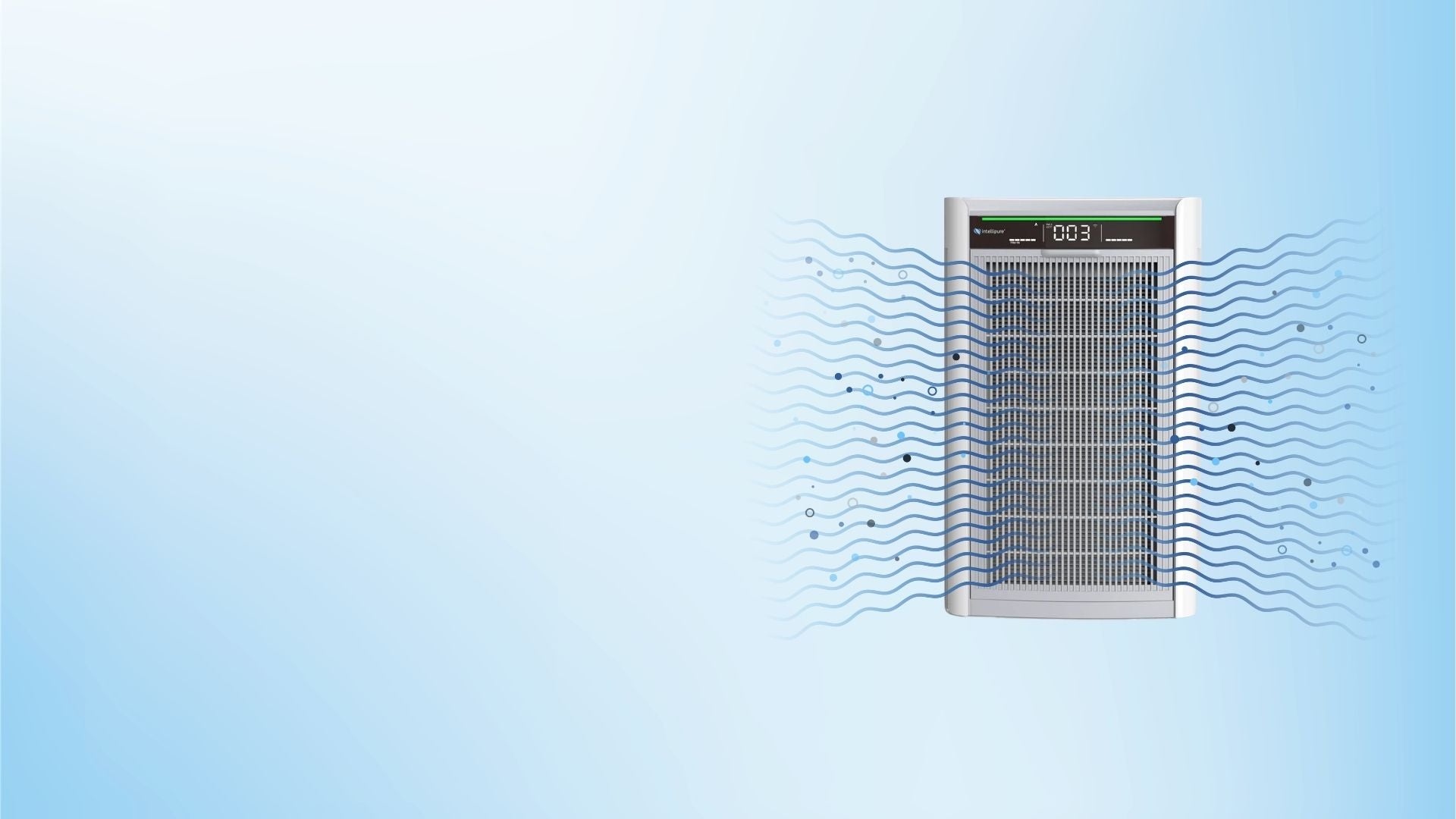 A white and gray air purifier shown against a light blue gradient background, with stylized wavy lines and small dots suggesting airflow. 