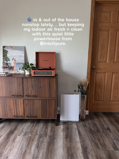 Indoor air purifier on a wooden floor with a cabinet and door in the background