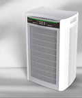 White air purifier with digital display on a gray background
