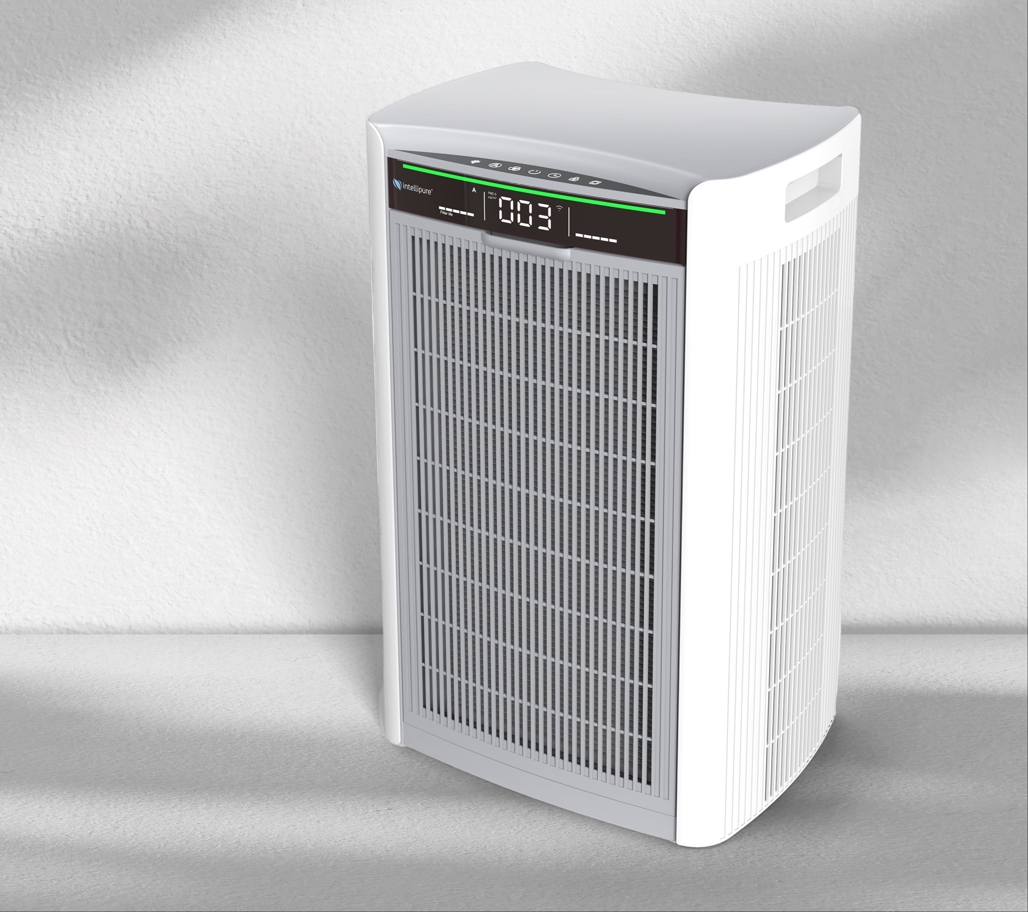White air purifier with digital display on a gray background