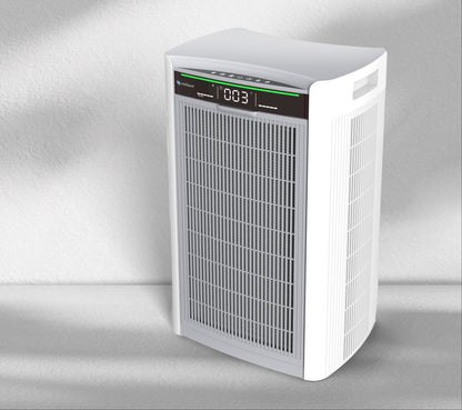 White air purifier with digital display on a gray background
