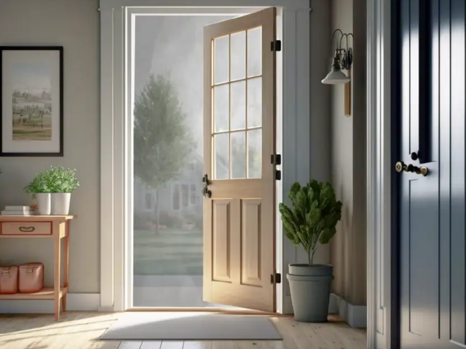 Open door leading to a garden with indoor plants and decor.