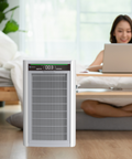 Person using a laptop with an air purifier in a home setting