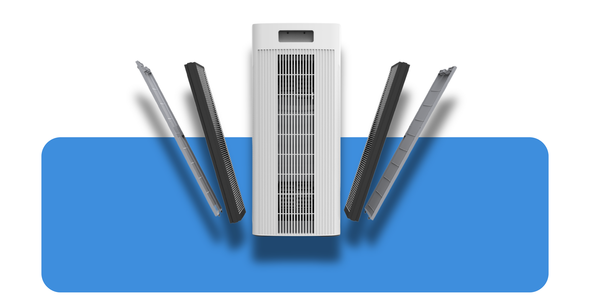 An expanded view of the h1000 air purifier showing the doors, filters, and main unit with a blue box in the background. 