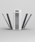An expanded view of the h1000 air purifier showing the doors, filters, and main unit.