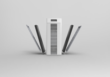 An expanded view of the h1000 air purifier showing the doors, filters, and main unit.